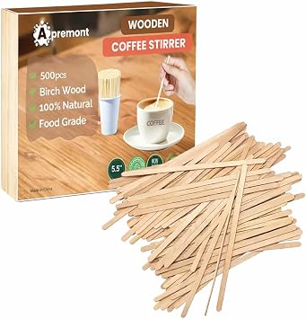 Apremont 5.5 500 pcs Birchwood Coffee Stirrers Eco-Friendly Wooden Stir Sticks for Hot & Cold Drinks Compostable, Disposable, Natural Wood, Smooth Finish Bulk for Coffee Bar, Office, Cafe