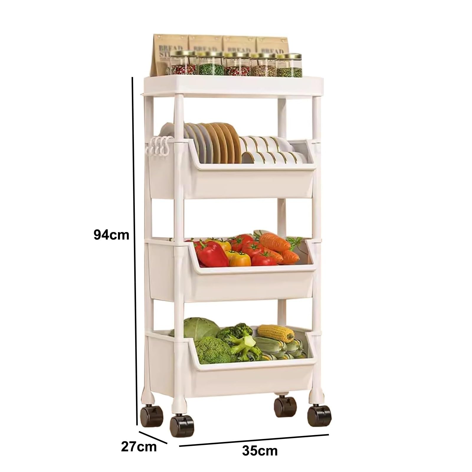 Carrito rodante de 3 niveles con estante extraíble y ruedas, pequeño estante de almacenamiento para baño, dormitorio, cocina y lavandería, material plástico, ahorro de espacio