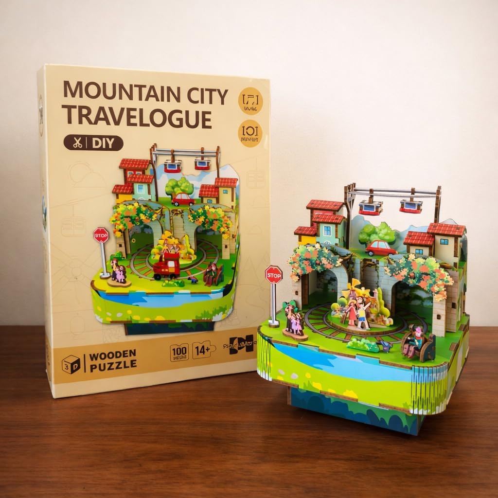 Mountain City Travelogue – 3D Wooden DIY Music Box Kit (14+), Moving Scenic Diorama with Music & Motion, Buildable Gift for Kids (14+), Teens & Adults, Adult Supervision for Younger Builders