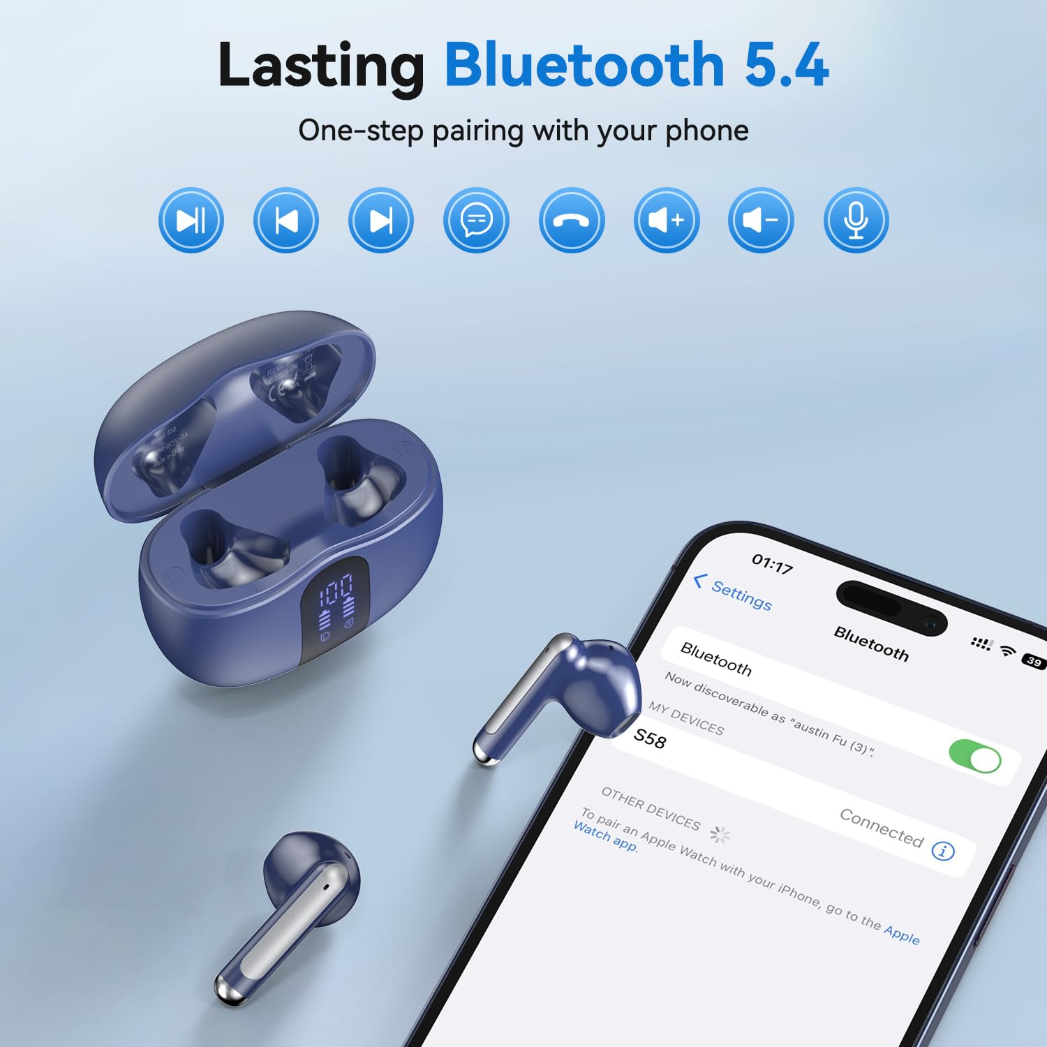 Wireless Earbuds, Bluetooth 5.4 Bass Stereo Headphones with 4 ENC Mic, 50H Playback Ear Buds with Charging Case LED Display,Sport Earphones IPX7 Waterproof for Phone, Android, Pad, Blue - 4