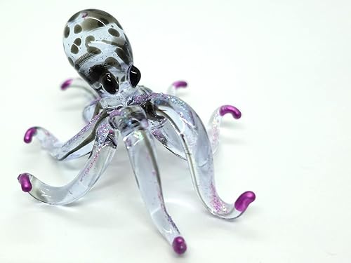 Miniatura 4 de Figuras en miniatura de pulpo, animales soplados a mano, arte de vidrio, regalo coleccionable, decoración de 3.5 pulgadas (negro morado)