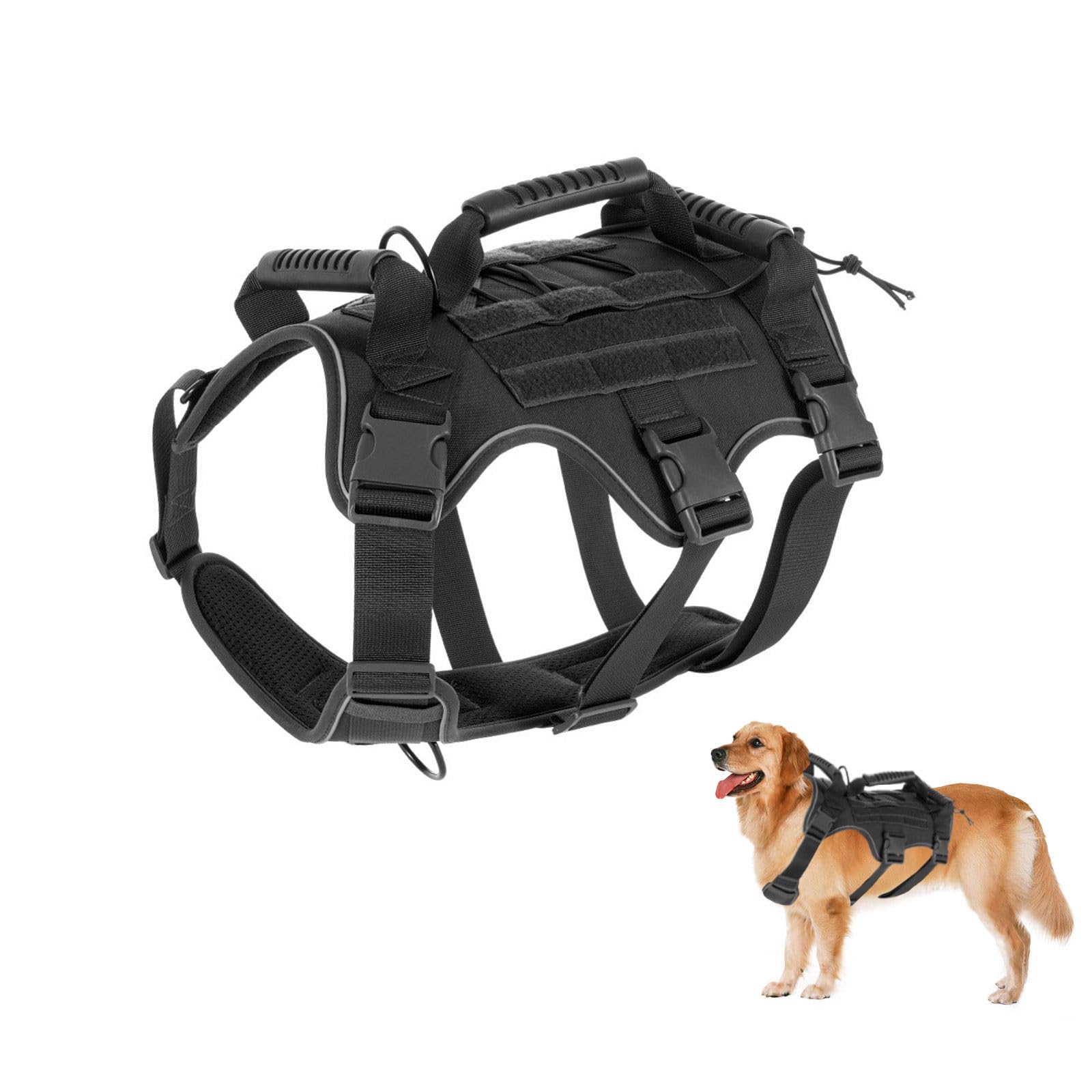 Dog Harness for Medium Dogs Anti Pull Black Waterproof Nylon Vest with Handle Metal Clasps Reflective Strips Reflective No-Choke with Easy Control Handle for Training or Walking