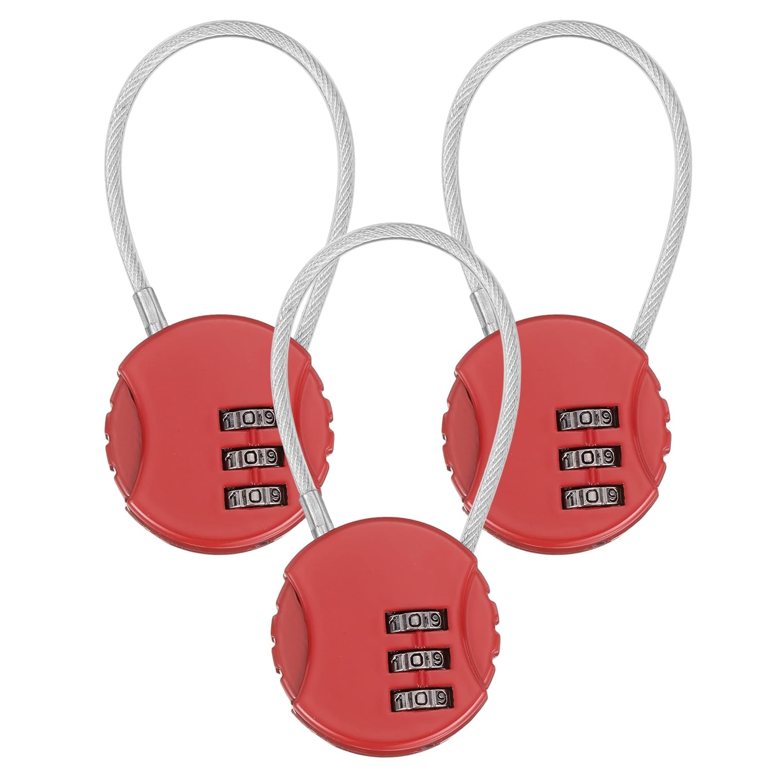 M METERXITY 3-Pack Combination Locker Lock, 3 Digit Round Shaped Padlock Gym Locks with Cable for Luggage/Suitcase/Backpack Zipper/Outdoor, Small Combo Lock [Red]