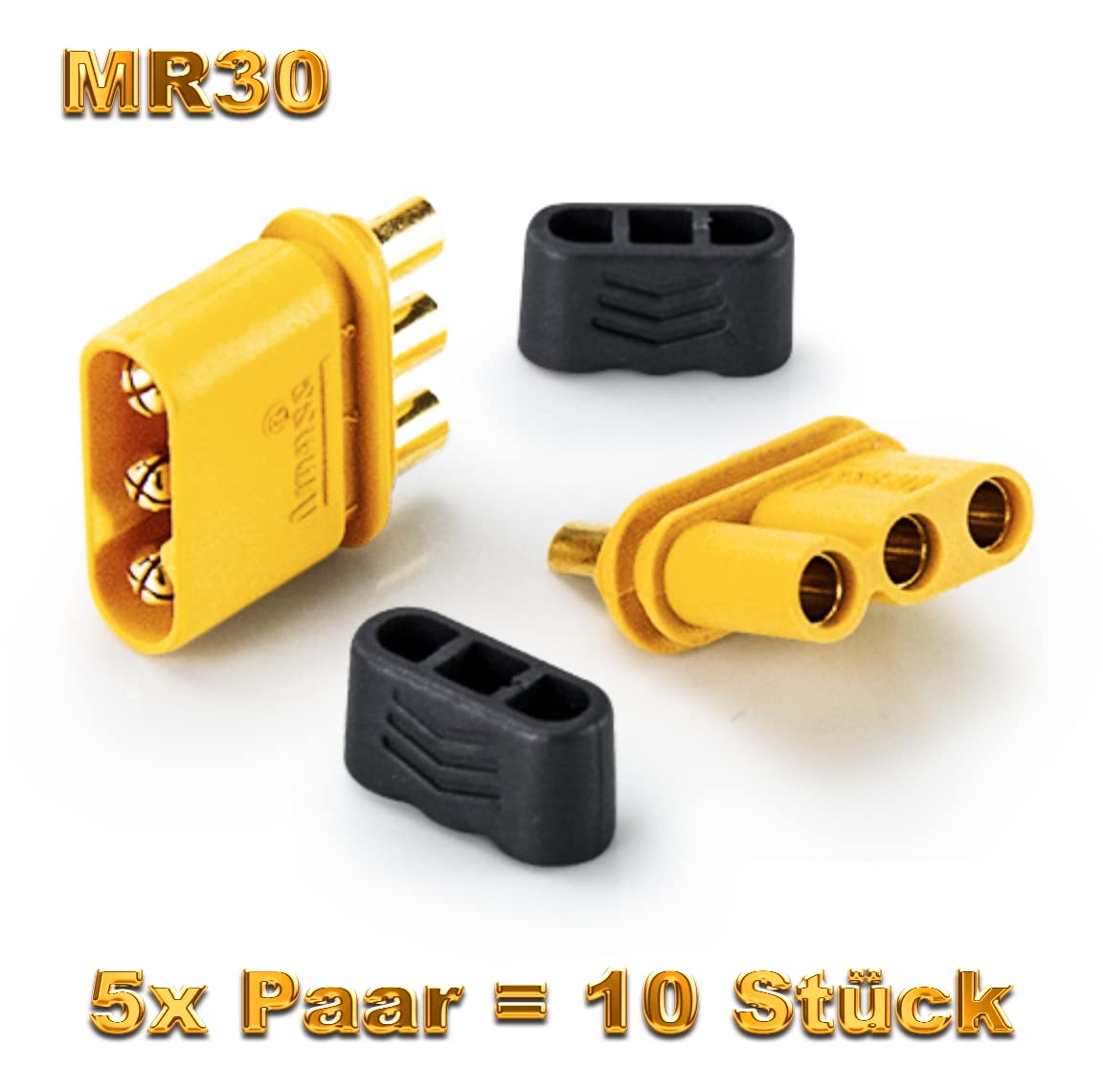 Lot De 5 Paires Connecteurs MR30 Amass Dorés 3 Broches 30A - Fiches Mâle Femelle Anti-Inversion Pour Moteurs Multirotors Brushless