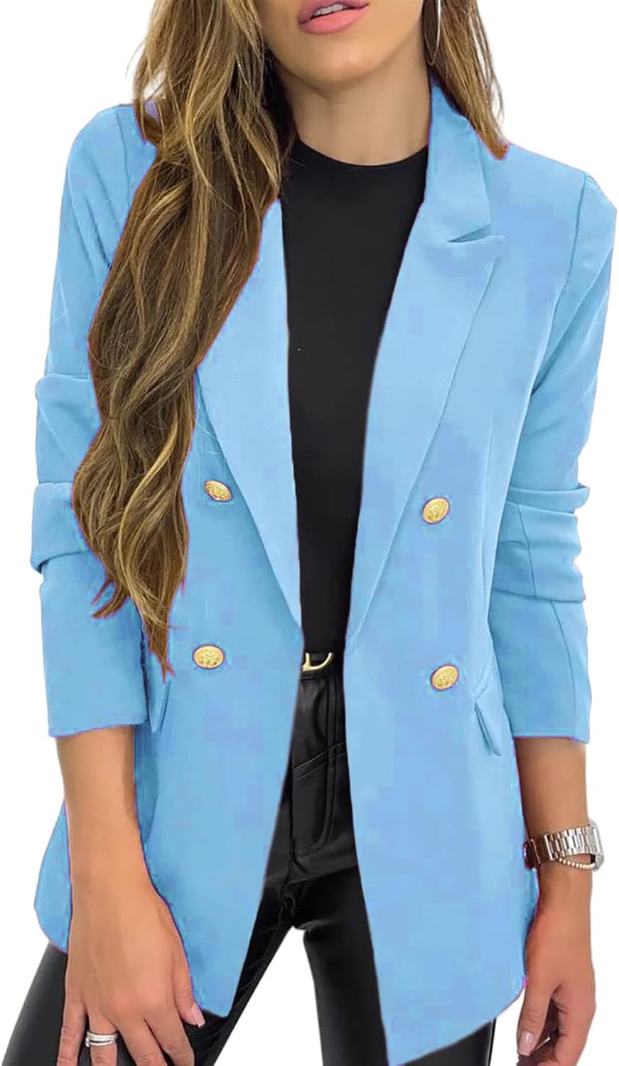 Women's Solid Color Casual Long Sleeve Lapel Button Blazer Jacket for Business Lady