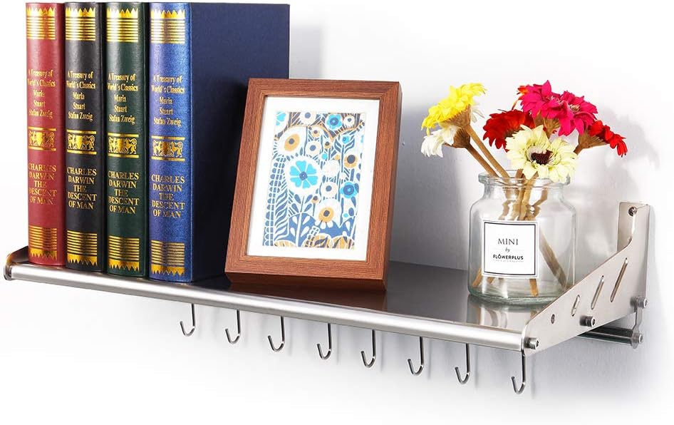 Gеt Sресіаl Prісе Stainless Stell Wall Mount Shelf with Hooks 304 Bathroom Kitchen Commercial Shelf Rack Restaurant Bar Multifunctional Storage Shelf (10.63, 23.62)