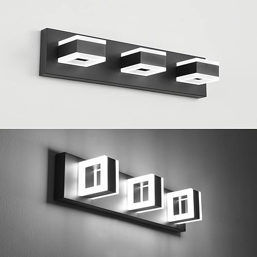 CAFULAM Luces LED modernas de acrílico negro mate, 3 luces de tocador sobre espejo, 6000 K (3 luces)