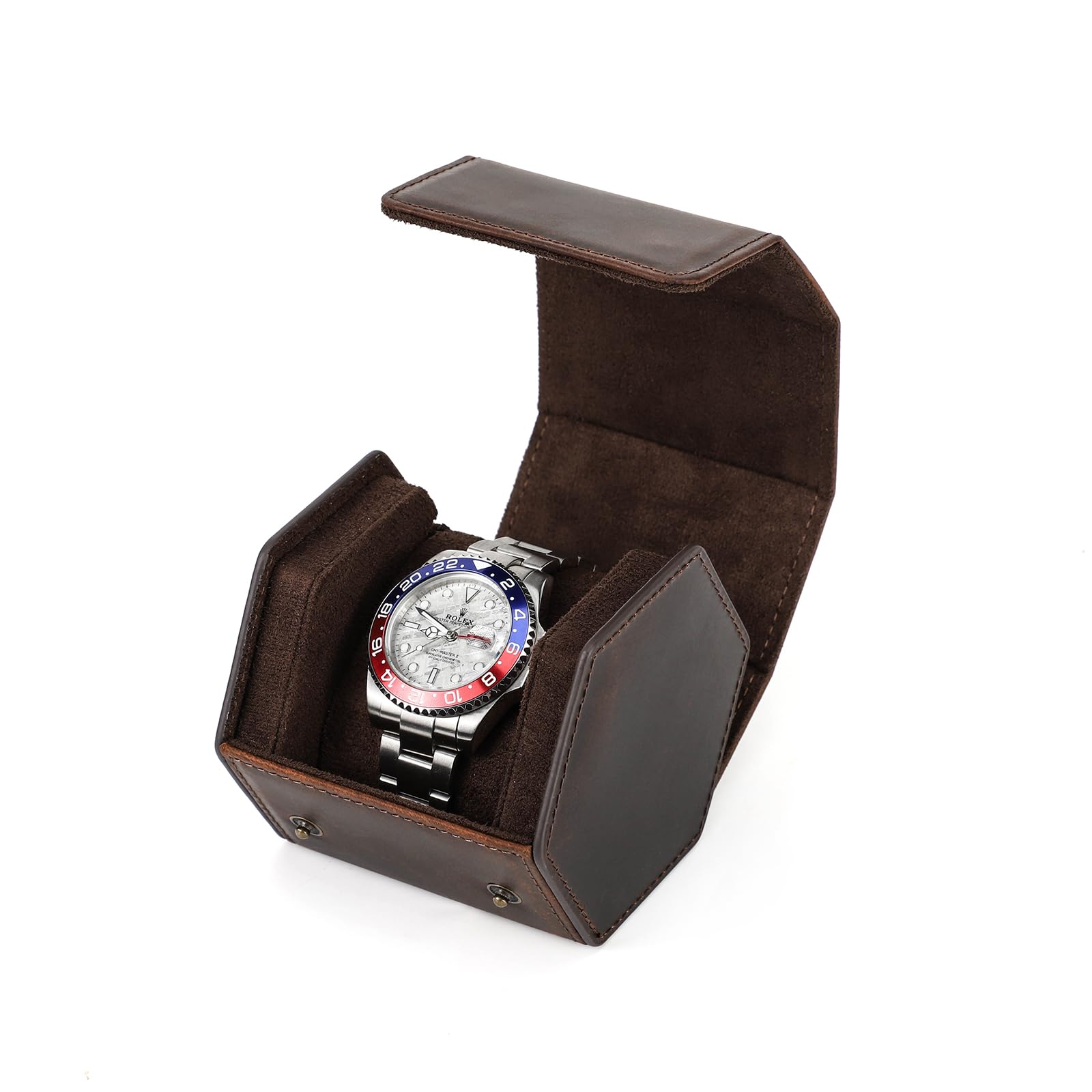 NFBCXUTKW Leather Watch Box, Genuine Leather Hexagonal Watch Storage Roll Case, Travel Watch Organizer Case (1 Slot, Coffee)