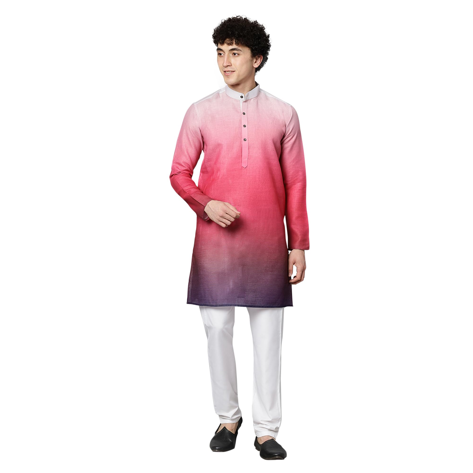 GLOBALRANGMen's Slim Cotton Blend Ombre Printed Long Kurta with Pyjama, Long Sleeve & Band Collar