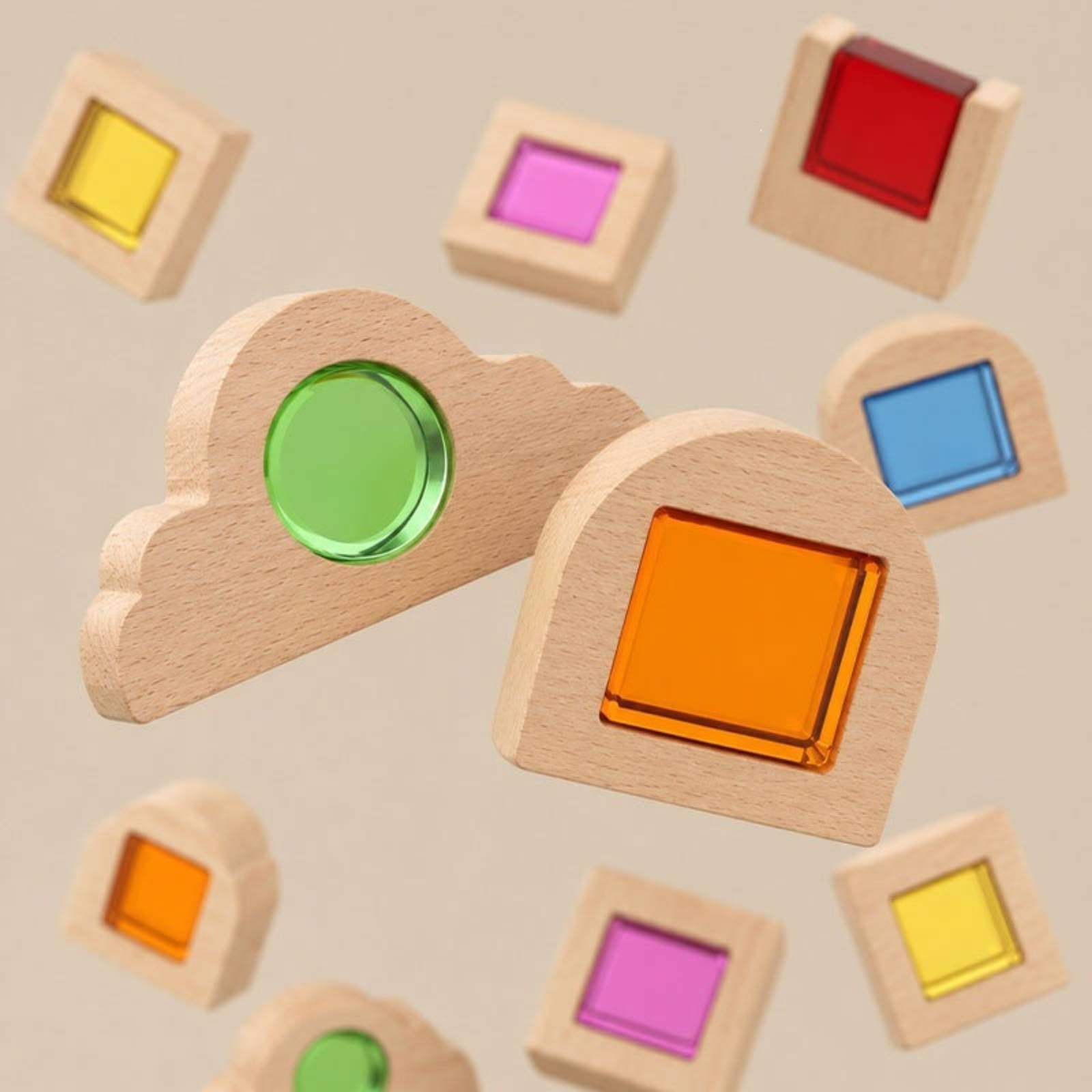 Amagogo Kinder Bauklötze Holzbausteine Acryl Bausteinset Lernspielzeug Stapelspiel Pädagogisches Spielzeug mit Transparenten Einsätzen für Feinmotorik