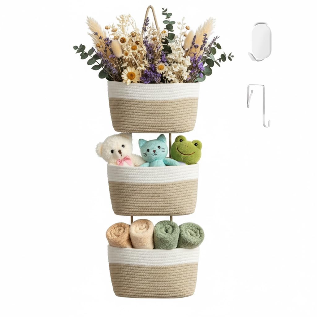 Wycoroy Hanging Baskets for Organizing,Over the Door Organizers and Storage,3-Tier Woven Cotton Wall-Mounted Storage Organizer Bag Decorative,Kitchen,