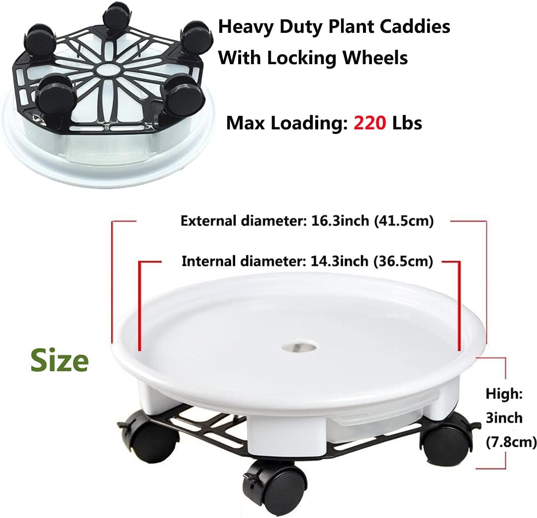 16.3" White Plant Caddies Plant Stand with Wheels Round Flower Pot Mover with Caster Wheels Heavy Duty Plant Tray Planter Trolly with Water Container（1Pcs）