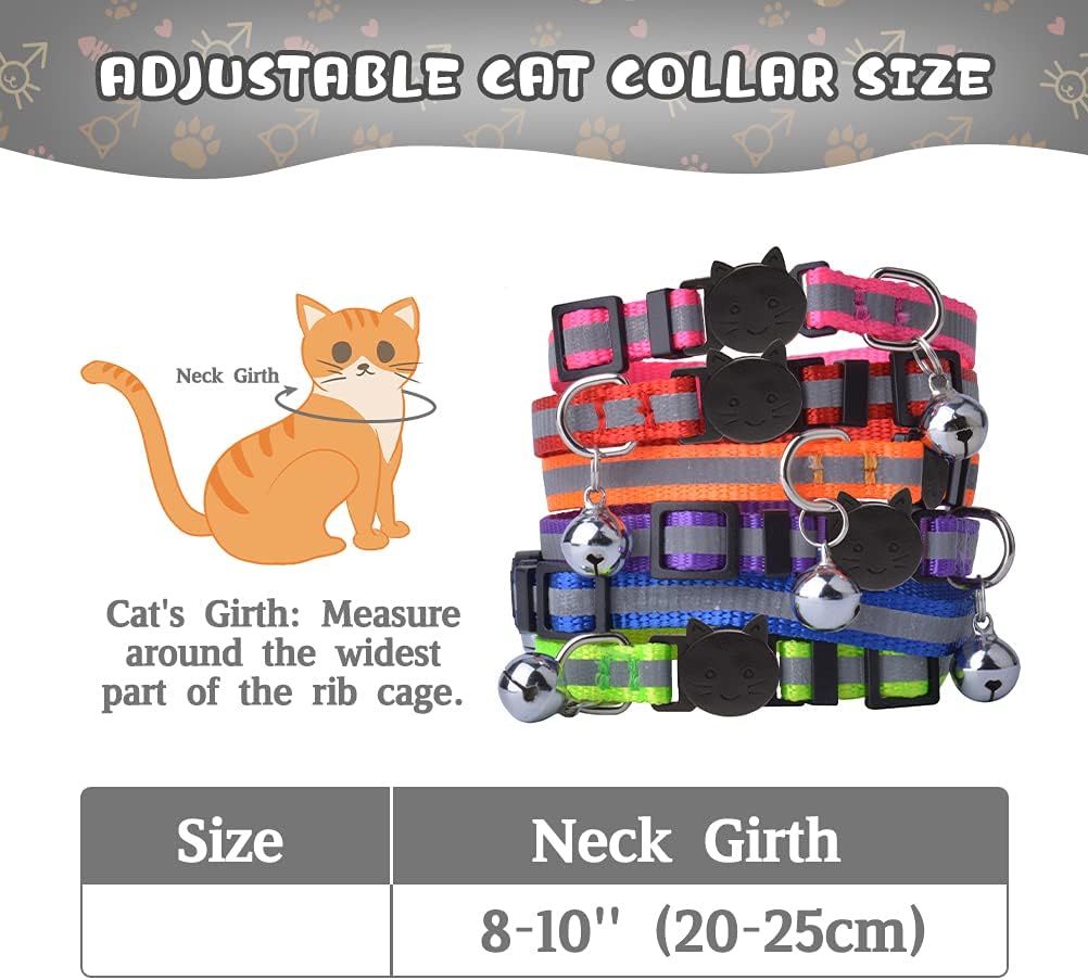 KOOLTAIL 6 PCS Safety Reflective Cat Collar Breakaway Cats Collars with Bell, Adjustable 8-10"
