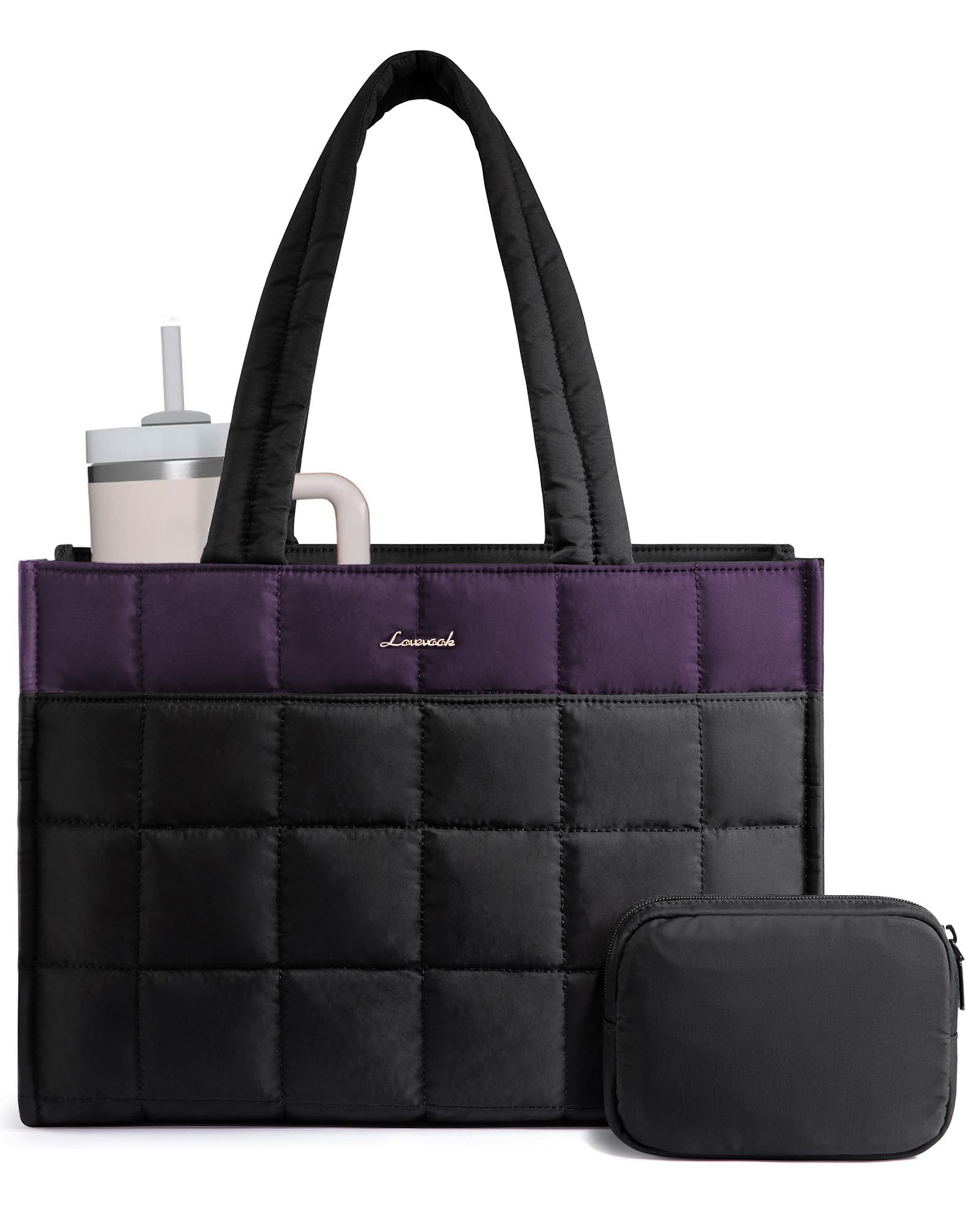 LOVEVOOK Tote Bag for Women, Puffer Work Handbag 17 Inch Laptop Purse for Nurse Teacher, Large Quilted Travel Tote Shoulder Bag with Zipper for College Office Clinical Gym, Purple-black