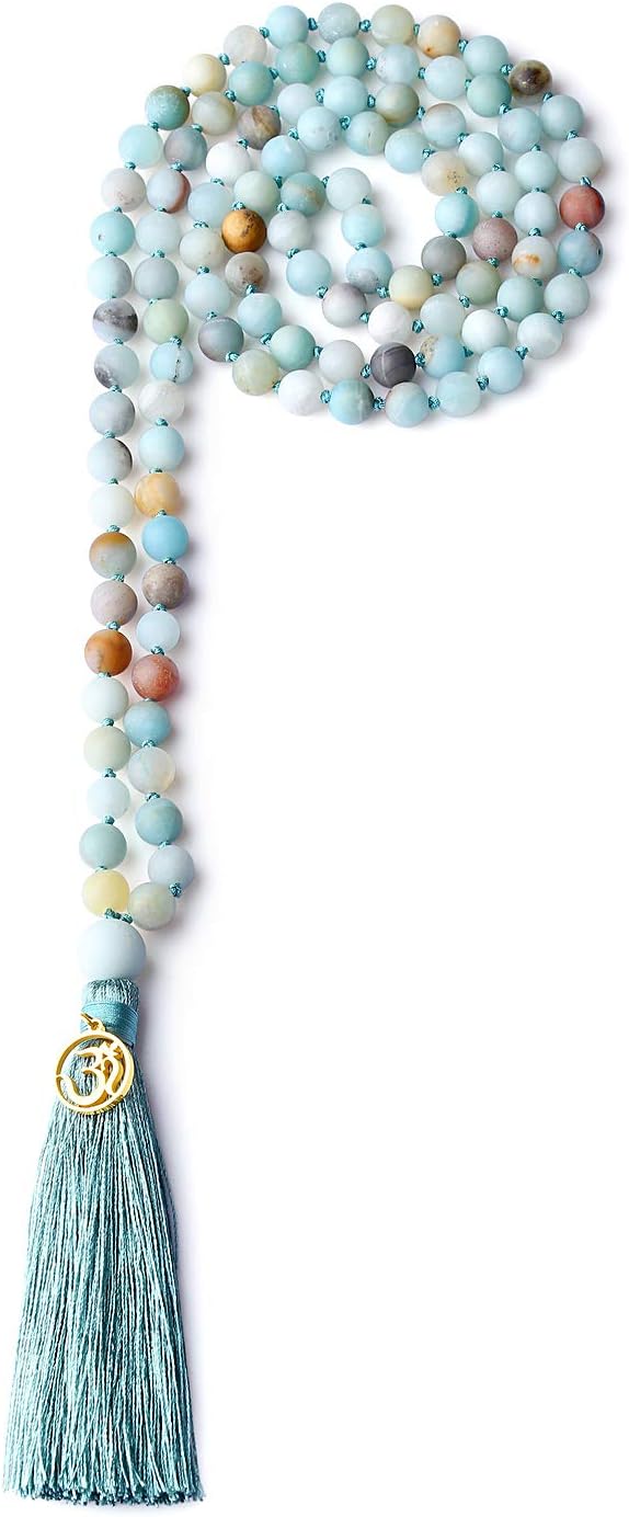 OM Charm Hand Knotted Tassel 108 Mala Beads Necklace