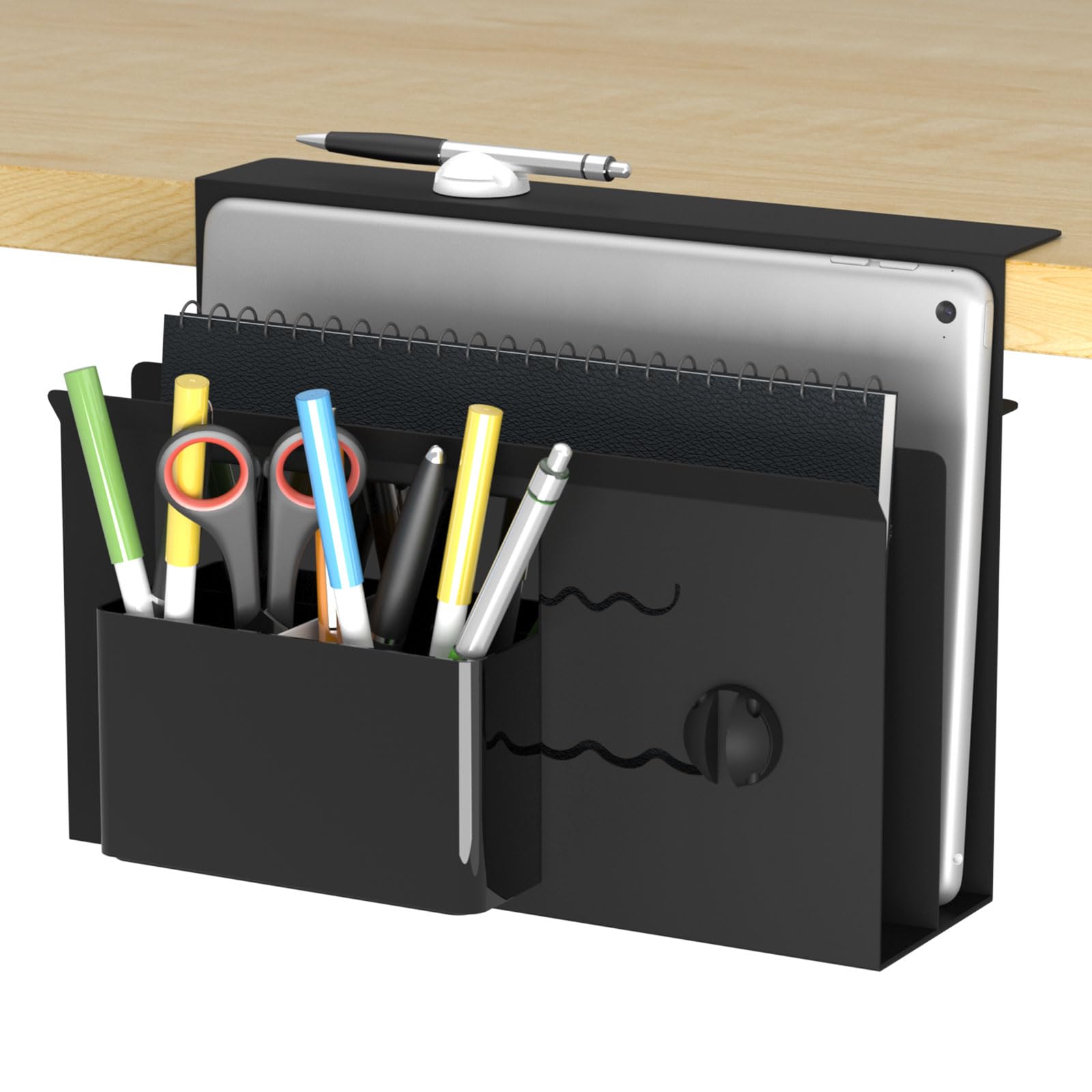 YIK TUNG Under Desk Laptop Storage Holder, Clamp-On Desk Side Mount Metal Holder, Together with Magnetic Cable Holder & Storage Case for Pens/Mouse, Black (Black-Type B, 2-Tier)