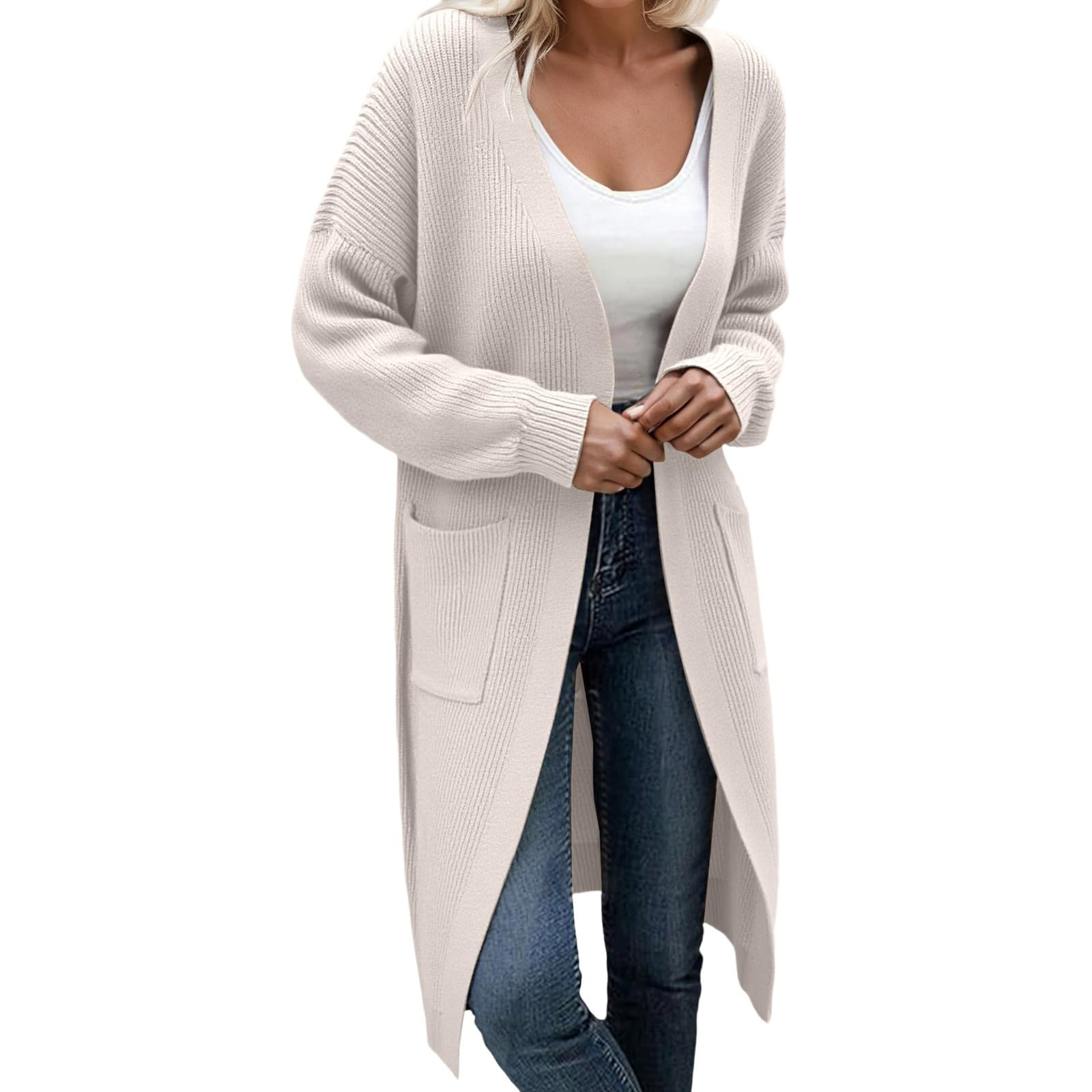 Generisch Cárdigan de punto grueso para mujer, suave, cómodo, con parte delantera abierta, manga larga, abrigo de bolsillo, moda de invierno