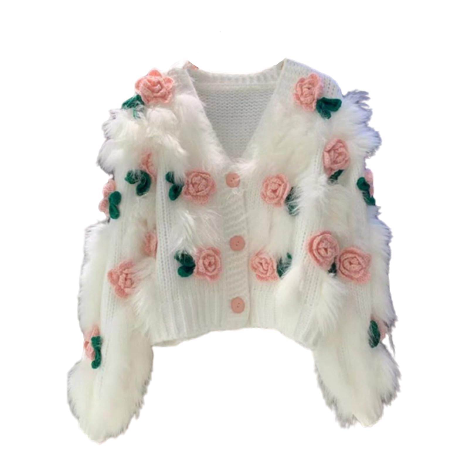 Womens 3D Flowers Embroidered Sweater V-Neck Button Down Y2K Crochet Knit Cardigan Kawaii Rose Flowers Cropped Cardiga