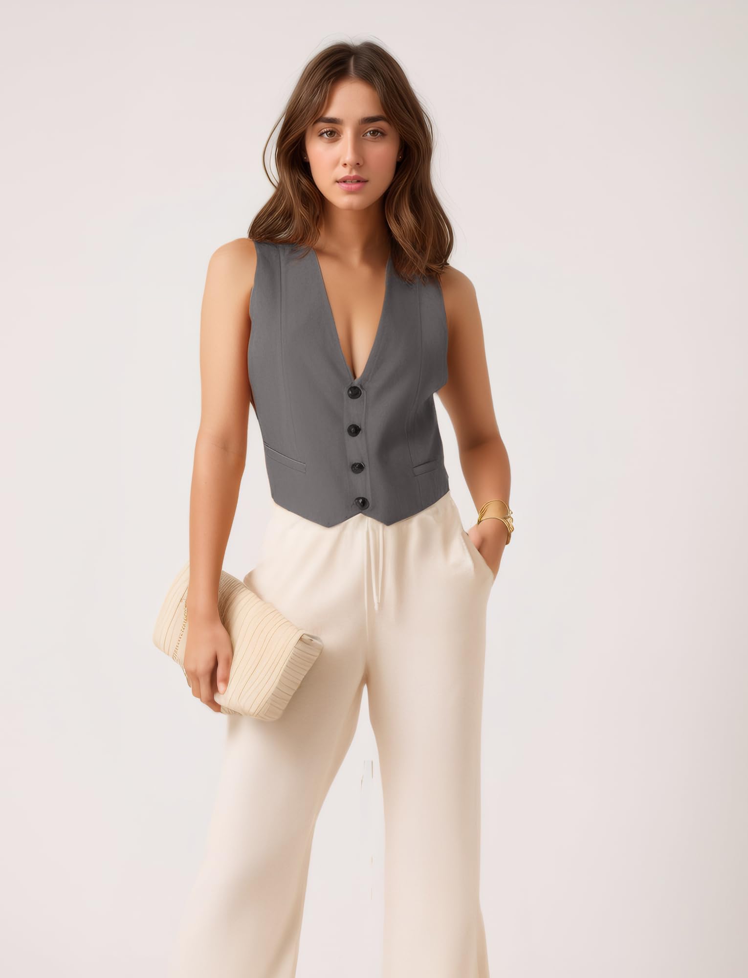 Happy Cherry Damen Einfarbig Anzug Weste Knopf unter V-Ausschnitt Weste Lässig Crop Blazer Gilet