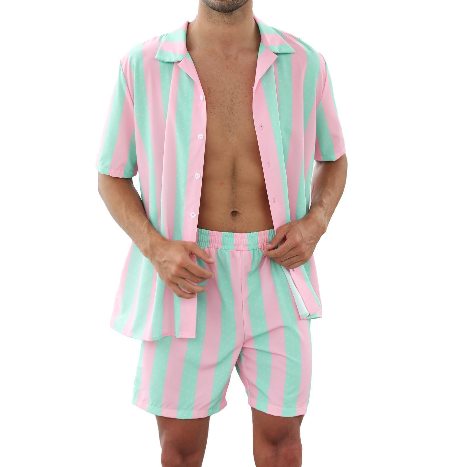 Mens Costumes Adults Cosplay Hawaiian Shirt Mens Shorts Beach Striped shirts Sets Vacation Outfits