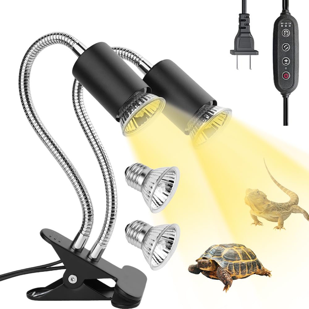 mizikuu Lámpara para Tortuga, E27 Lámpara de Calor de Reptil de Agua de Dos Cabezas con Bombilla Calor 25W 50W UVA UVB Luz para Tortugas de Agua con Control de Temperatura Temporizado