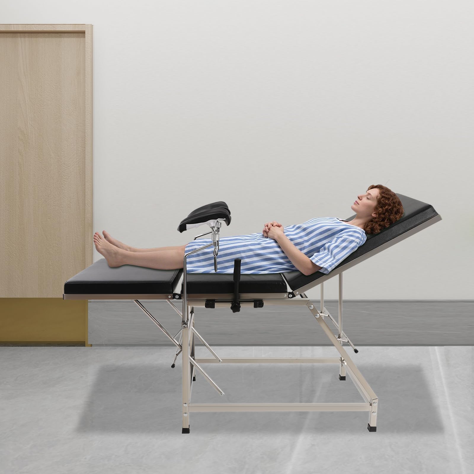 Gynäkologischer Untersuchungsstuhl aus 201 Edelstahl mit PU Polsterung, Schwarz/Rot, Bis 200kg Belastbar, Freistehend, Modernes Design für Frauenarztpraxen und Kliniken (Schwarz) - 4
