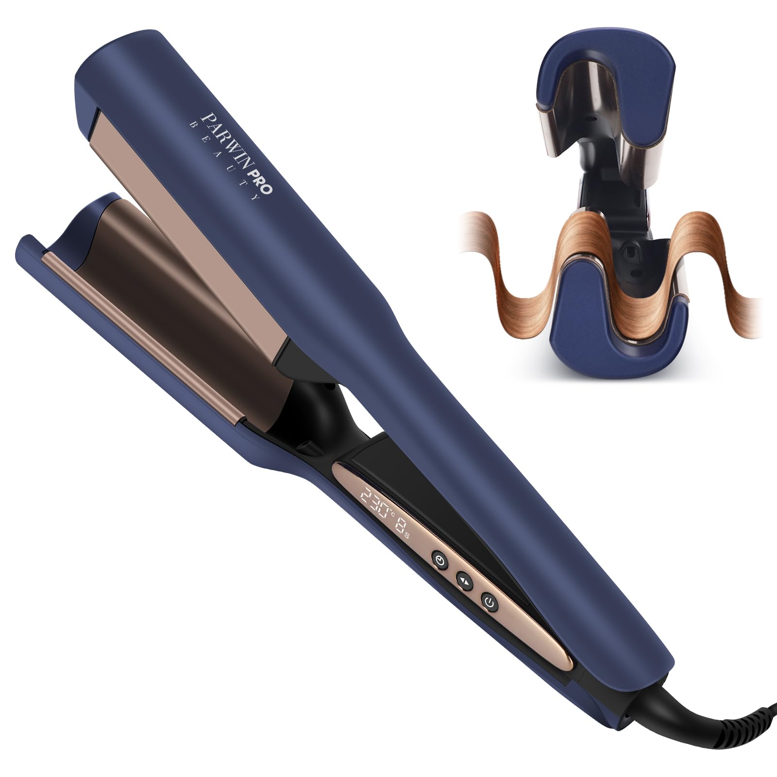 Meerjungfrauen Deep Waves Welleneisen 25 mm, PARWIN PRO BEAUTY Doppelzylinder Beach Waves Lockenstab, 3 Timer-Stufen (6/8/10 s) & LED-Anzeige, 4 Temperaturstufen, 350 g Leichtgewicht (Preußischblau)