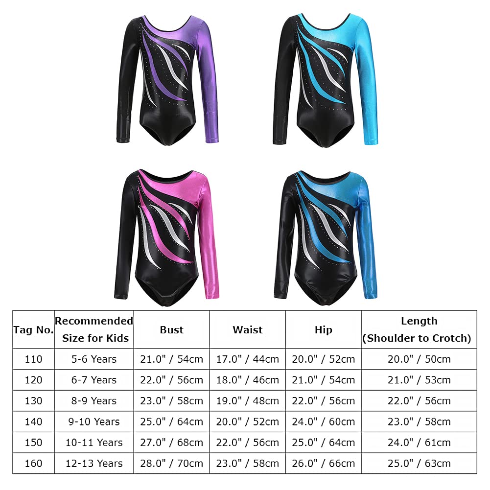 IMEKIS Maillot de ballet para niños y niñas, de manga larga, espalda en U, con diamantes de imitación, ropa de danza, maillot atlético, mono de una pieza, azul celeste, 10-11 años