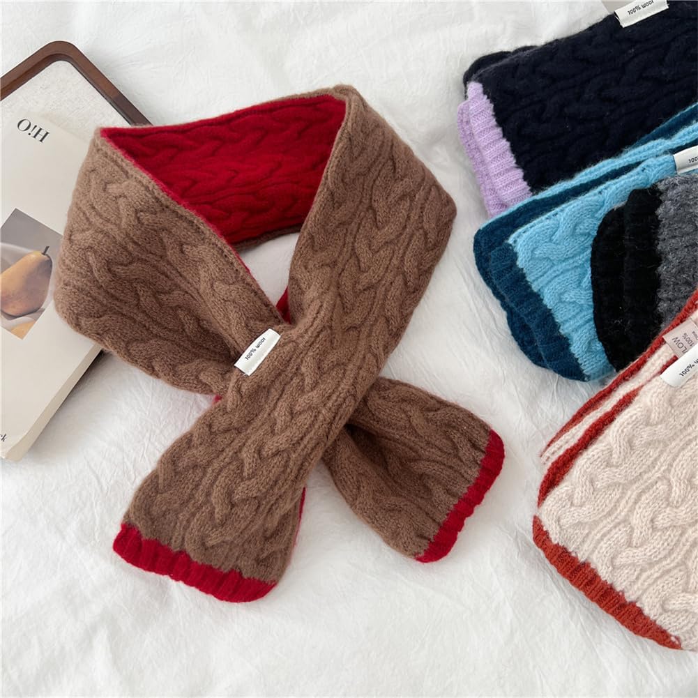 Short Winter Scarf for Women Soft Cable Knit Color Block Scarf Neck Warmer Lightweight Cozy Fashion Scarves Gifts - Image 2