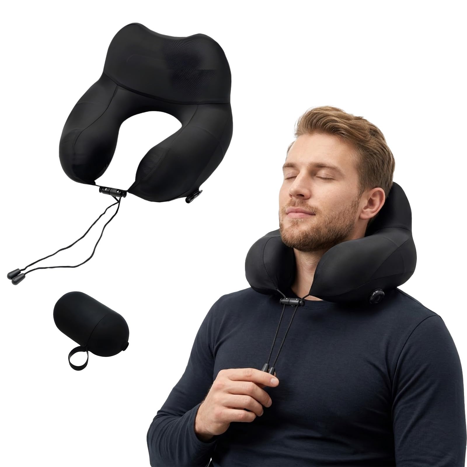 Devineresse Cuscino per il collo gonfiabile, con pompa a mano e scatola, 16 cm, supporto per il collo, cuscino da viaggio in tessuto fresco ice-touch, cuscino da collo per auto, treno, ufficio (nero)