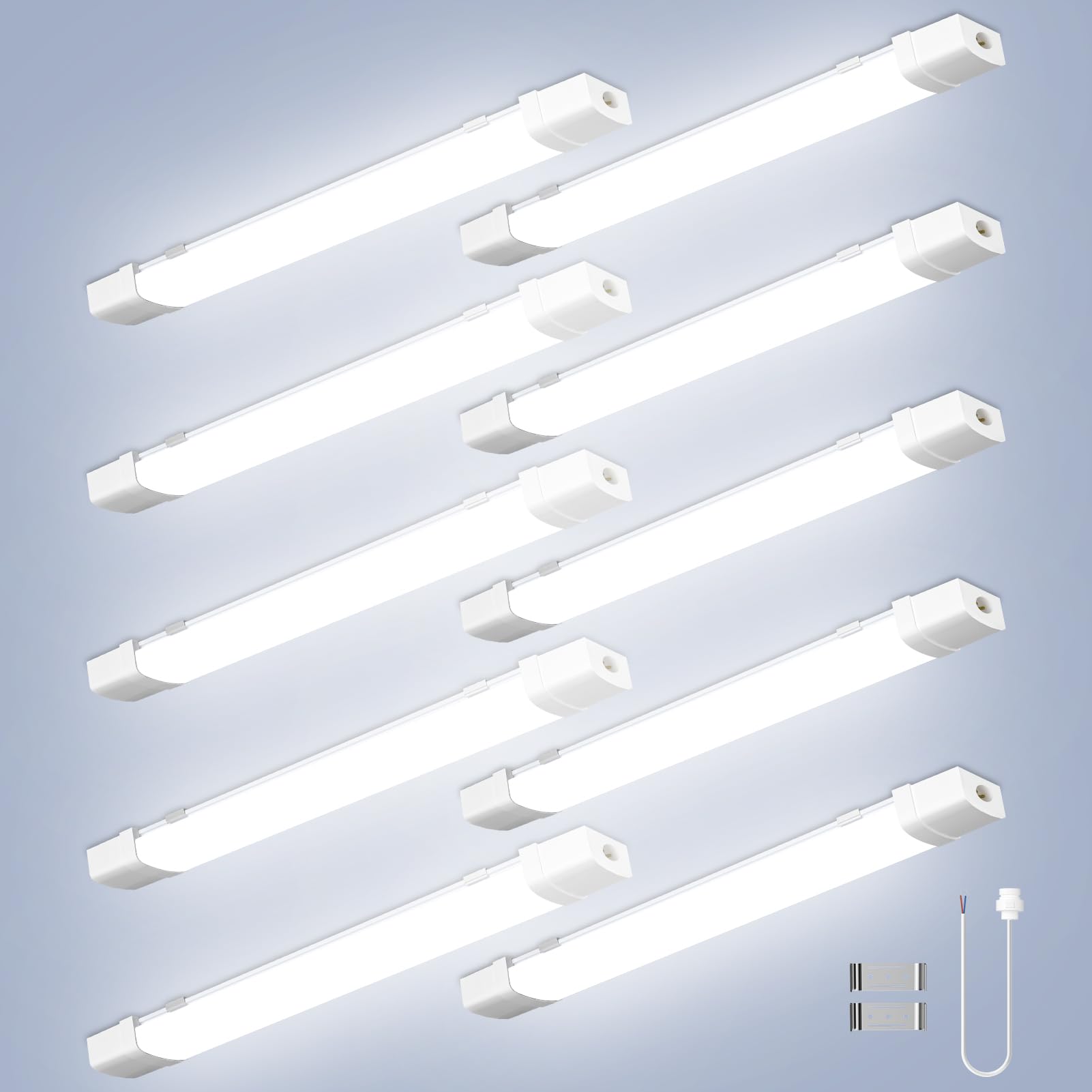 Viugreum 10Pcs 120CM Led Batten Light with Motion and 4FT Cable, 40W 6500K Led Tube Light Loft Lights, IP65 Waterproof Strip Sensing Neon Lights for Garage Office Workshop Basement Bathroom Kitchen