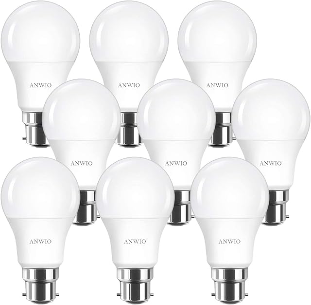 ANWIO Daylight 8W B22 Bayonet LED Light Bulb, A60 6500K Cool White Bulb, 60W Equivalent,Ultra Bright B22 LED Light Bulbs Bayonet,806Lm,220-240V,Non-Dimmable (9 PCS)