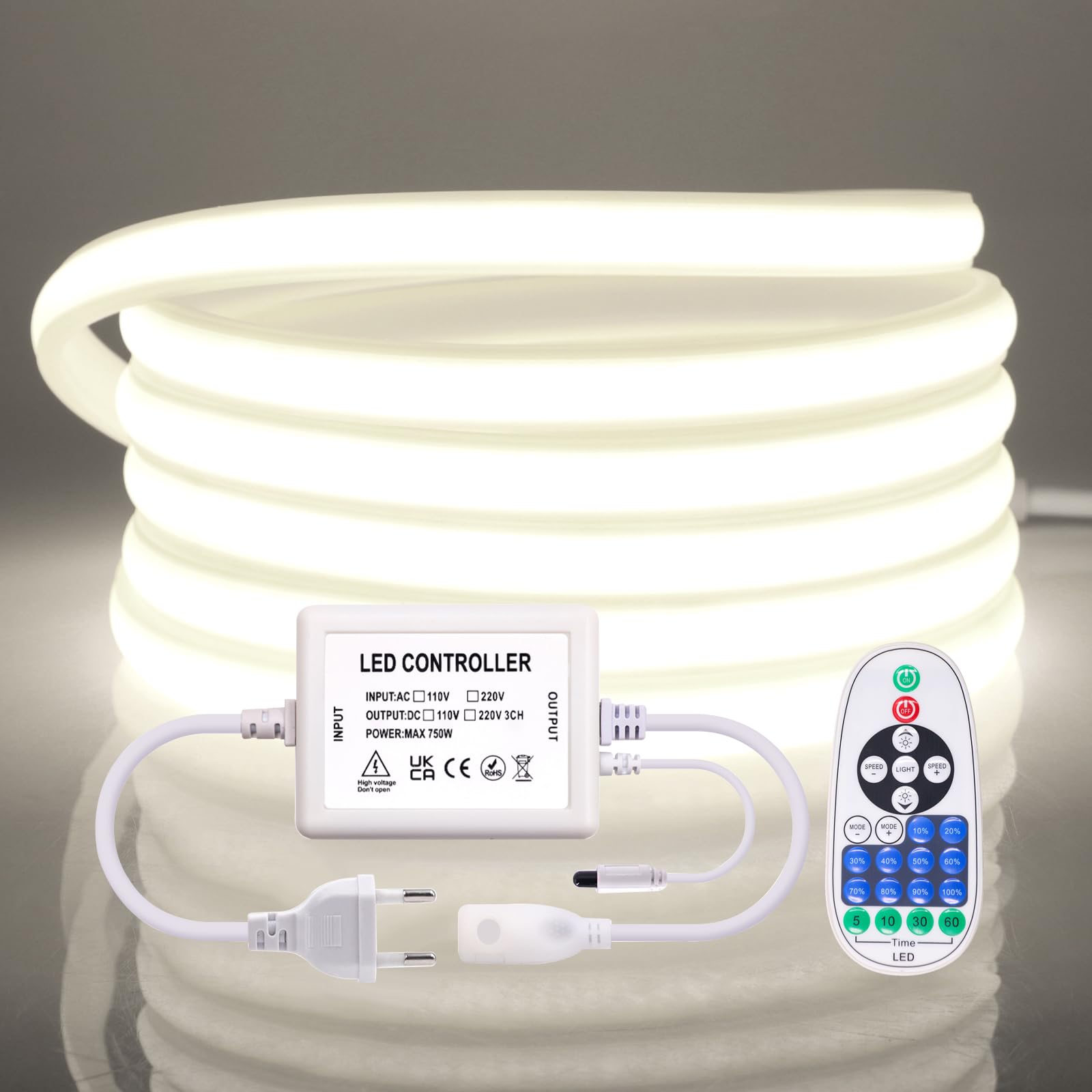 220V Néon Ruban à LED 17m,288LEDs/M Neon COB LED Strip Light,23 clés IR Dimmable Rope Lights,750W Flex Waterproof Neon Bande Lumineuse for Indoors Bedroom TV Backlight Cabinets DIY Decor