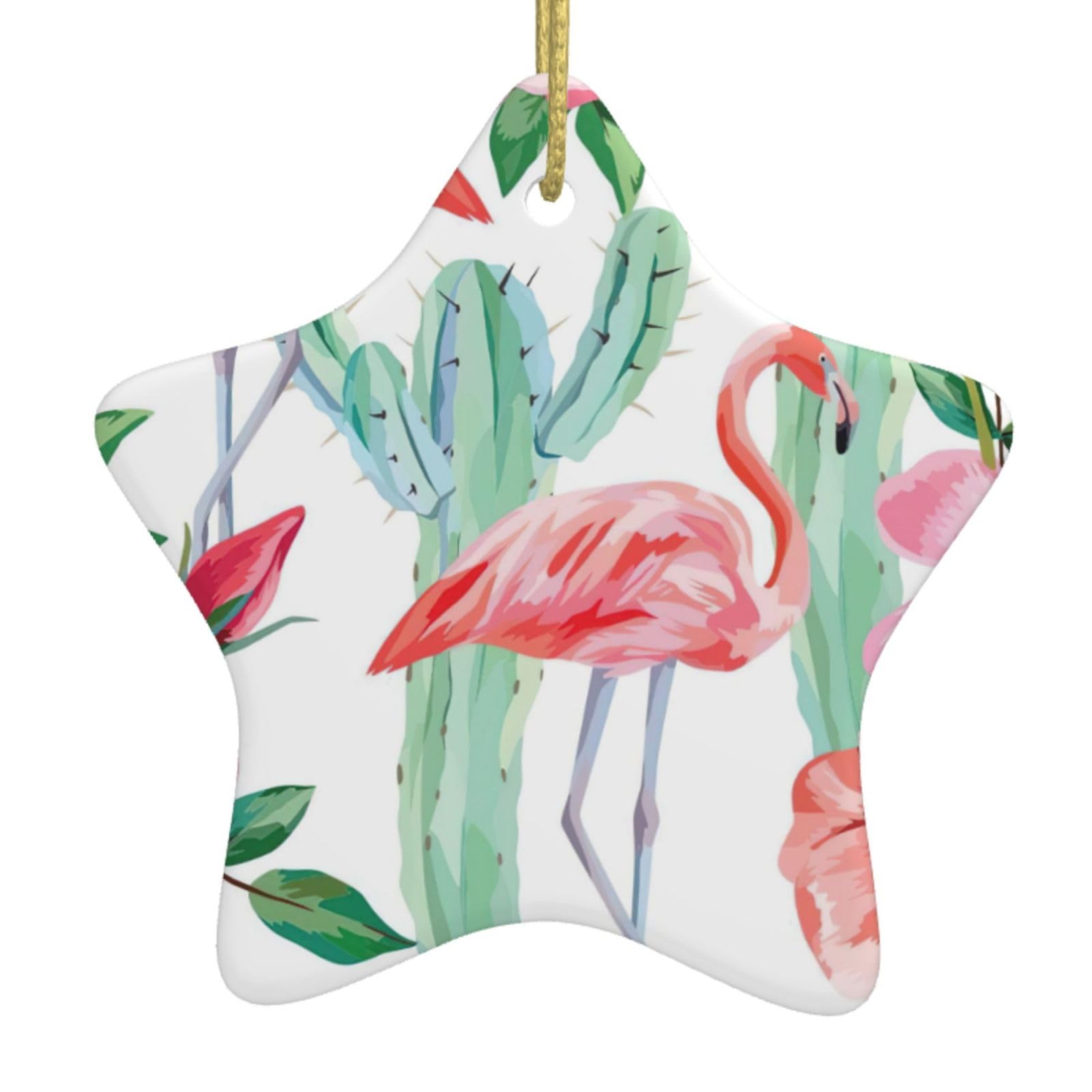 Nbtghga White Cactus Flamingo Rose Flowers Print Christmas Ornaments, Ceramic Hanging Ornament, Round Shape Decorations