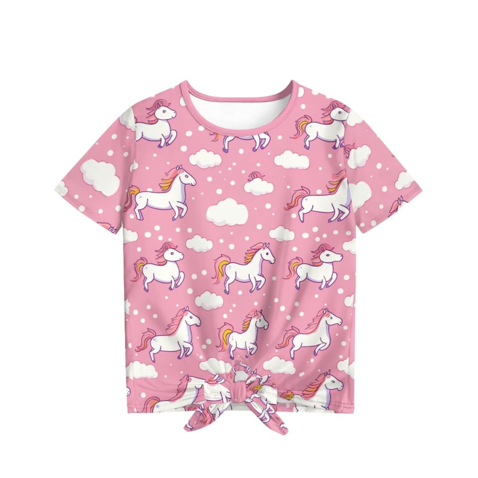 Viewamoon Cloud Horses Girls Short Sleeve Shirts Casual Tie Knot Front Tops for Kids 5-6 Cute Crewneck T Shirts for Holiday Travel Vacation Outdoor School