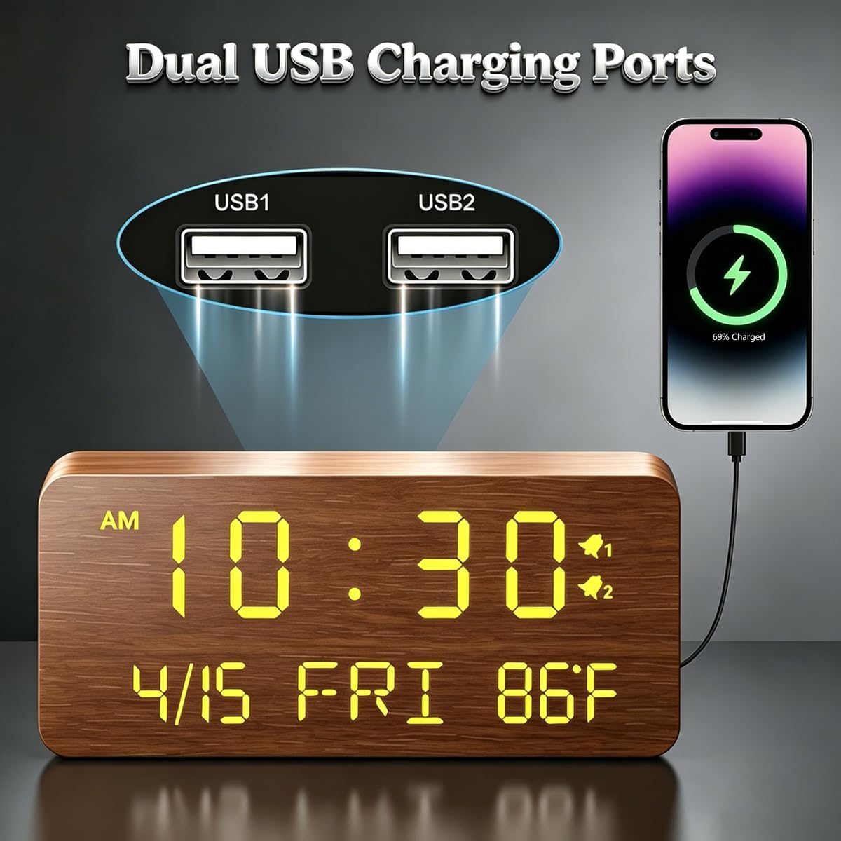 Wooden Digital Alarm Clock for Bedroom - Desk Clock with Date, Day of Week, Temperature, Dual Alarms, Dimmer, USB Port Charge, DST, Adjustable Volume for Living Room/Office Wood Decor (Brown) image 3