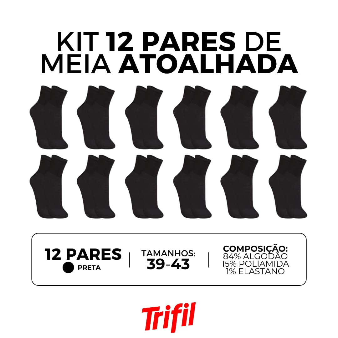 Kit 12 Pares de Meia Cano Médio Trifil Sola Atoalhada Algodão Masculino Adulto em promoção! Veja a oferta e mais achadinhos de Moda íntima 9 Hoje é o melhor dia para comprar Kit 12 Pares de Meia Cano Médio Trifil Sola Atoalhada Algodão Masculino Adulto com aquele preço maroto! Promoção! Aproveite a oferta! 9
