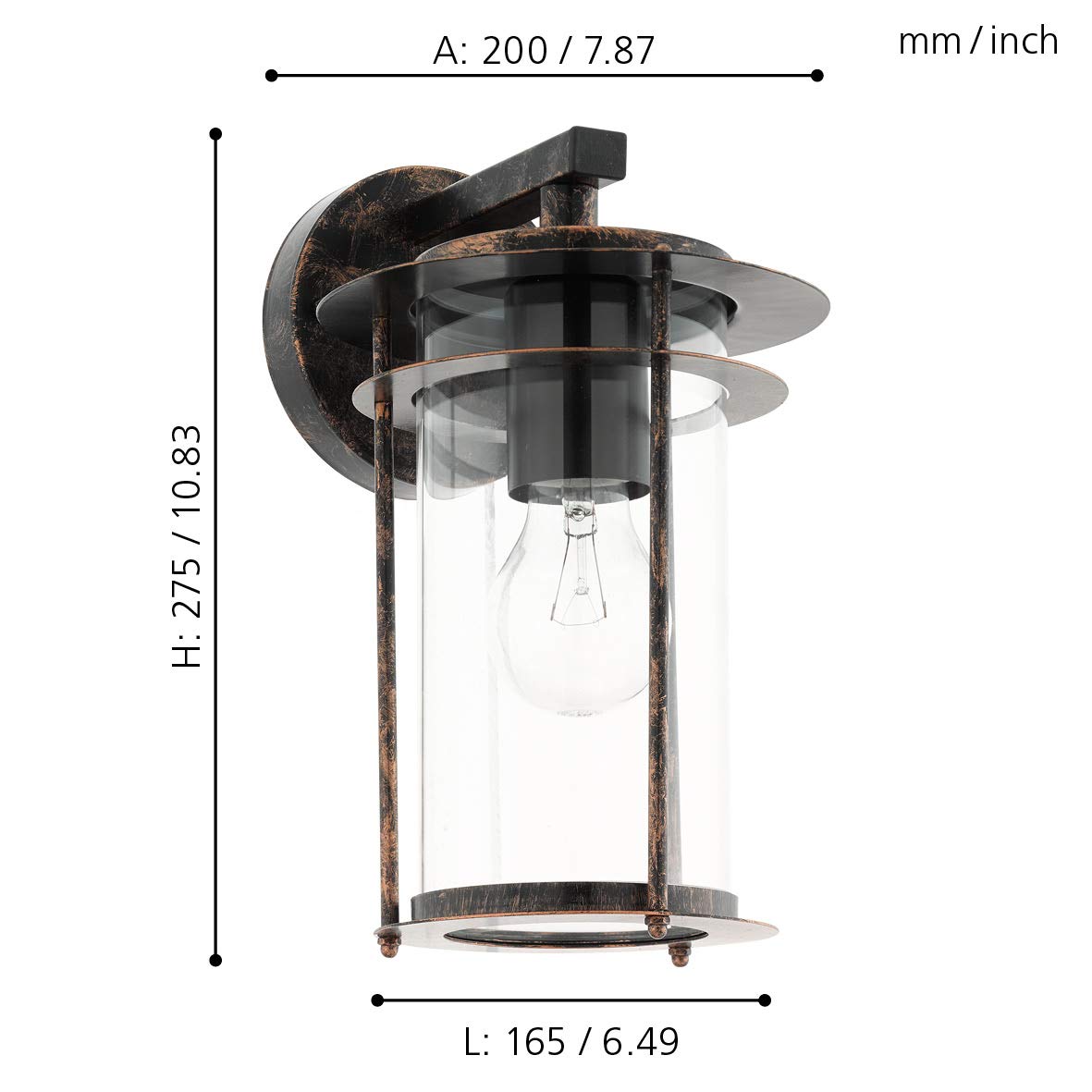 Eglo Lampada da parete esterna Valdeo, lampada da esterno a 1 | fiamma, applique in acciaio zincato, colore: rame antico, vetro trasparente, attacco E27, IP44