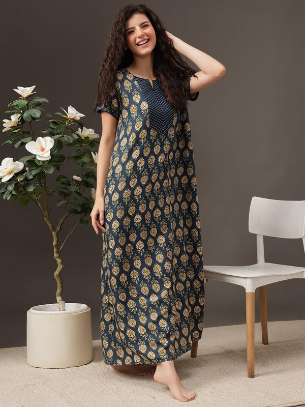 Image of Clovia Women's Rayon Long Nighty in Navy Blue