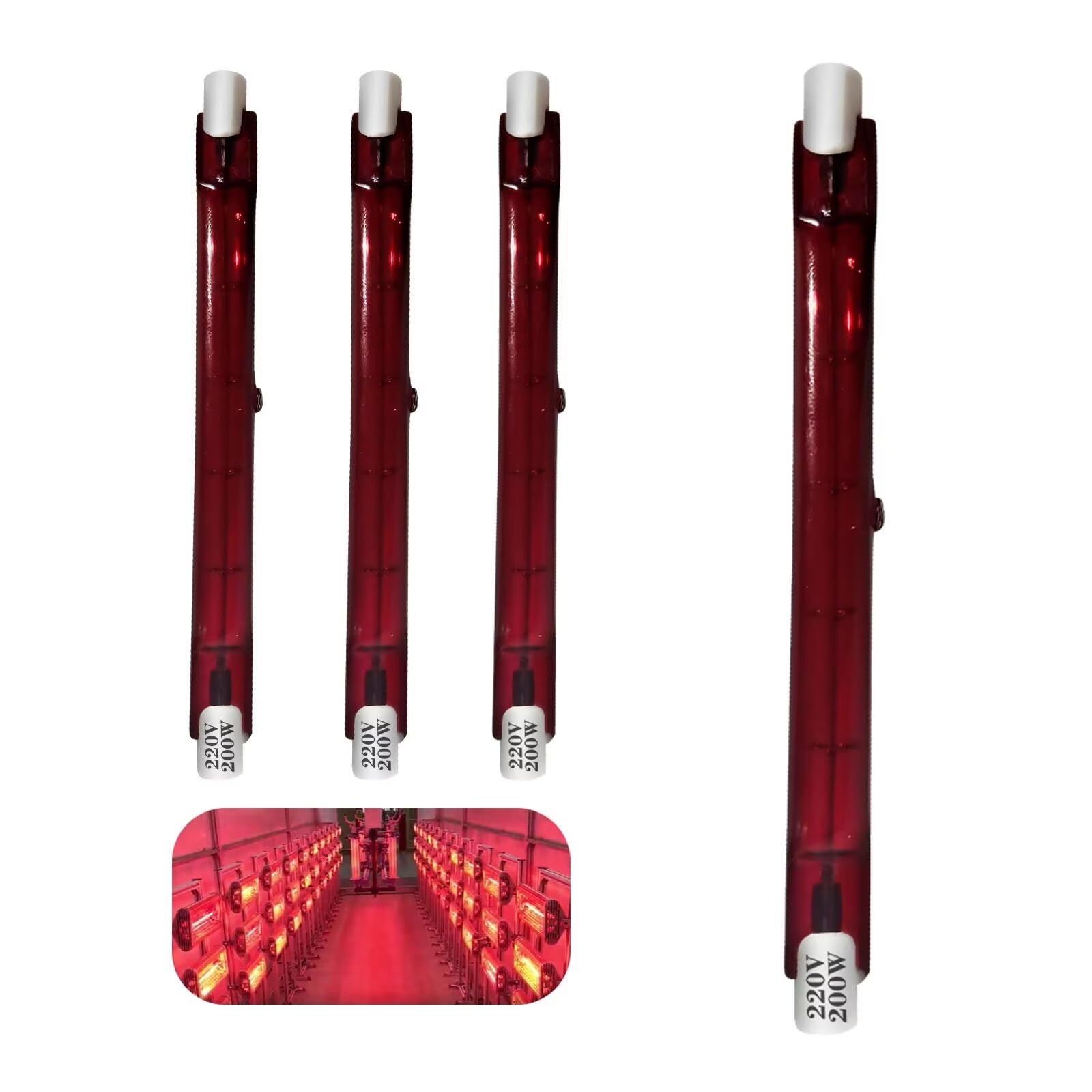 Halogen Bulb R7S 118mm 200W Dimmable, 220V R7S Red Quartz Heat Lamp, J-Type Linear Double-Ended Push Fit Infrared Halogen Light Bulbs 200lm, 360° Beam Angle Floodlight for U3 Heater, 4 Pack