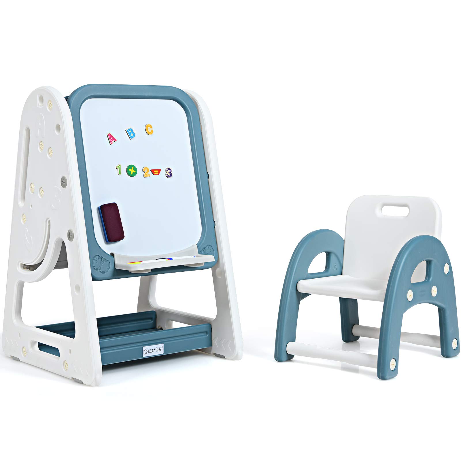 LIFEZEAL Juego de mesa con caballete magnética y librería, mesa con pizarra blanca, escritorio infantil con tabla plegable de dibujo, caballete ajustable con silla ergonómica para niños 3 años+ (Azul)
