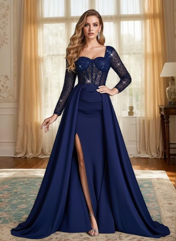 Long Sleeve Prom Dress 2026 Satin Square Neck Formal Gown with Slit Prom Wedding Party - Image 5