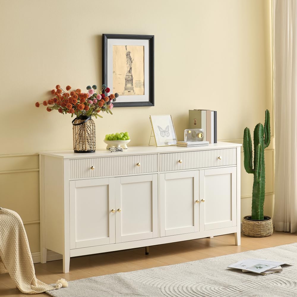 Elegante credenza per sala da pranzo con 2 cassetti e 4 ante, elegante buffet per cucina, sala da pranzo e soggiorno, con maniglie dorate e ampio spazio di archiviazione, bianco
