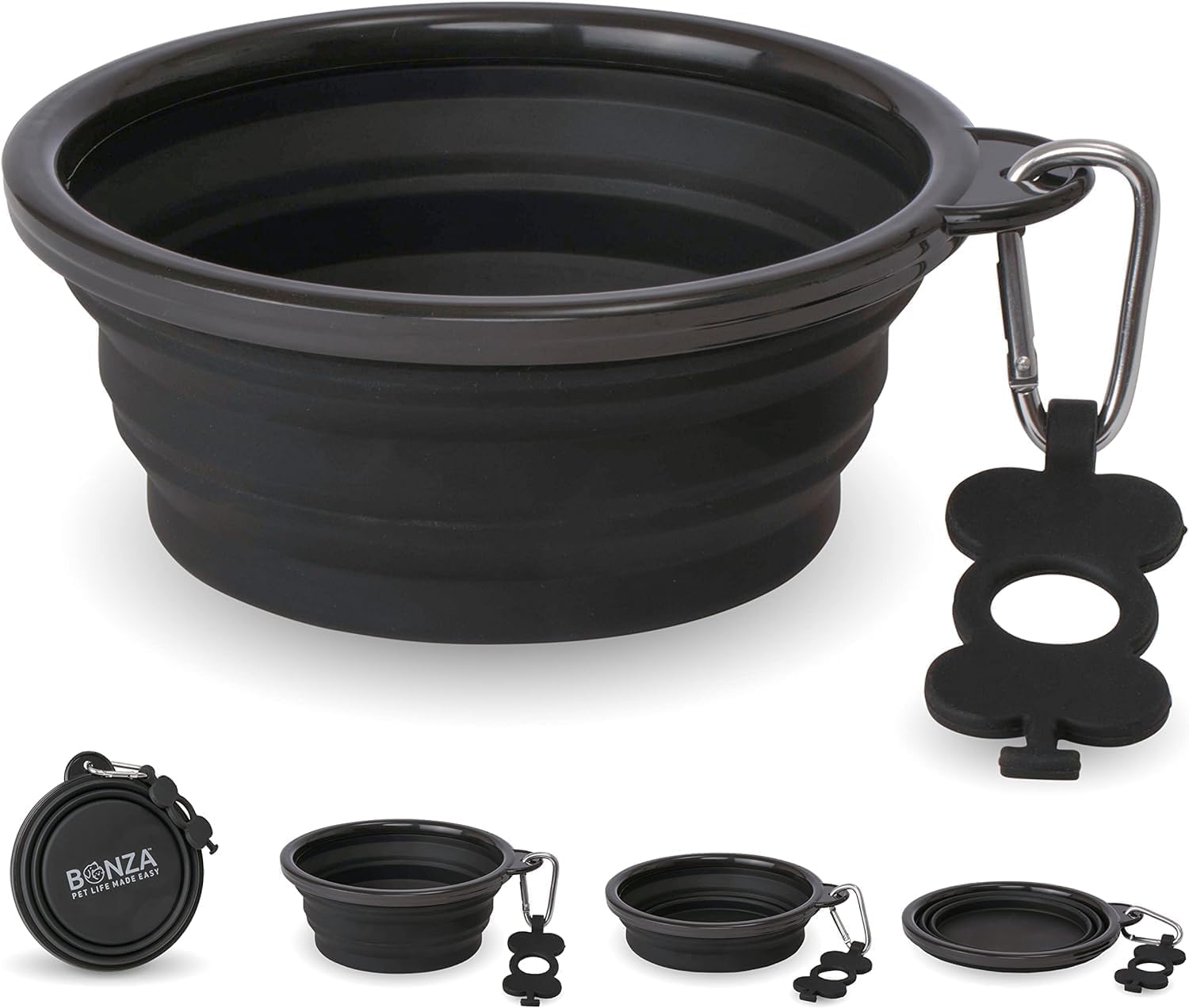 Bonza Collapsible Dog Bowls - 2 Pack, Small 12 oz, Dog Travel Accessories, Silicone Portable Dogs Bowl & Water Dish with Reinforced Rim & Carabiner for Hiking, Camping, and Car Trips, Black — image 1