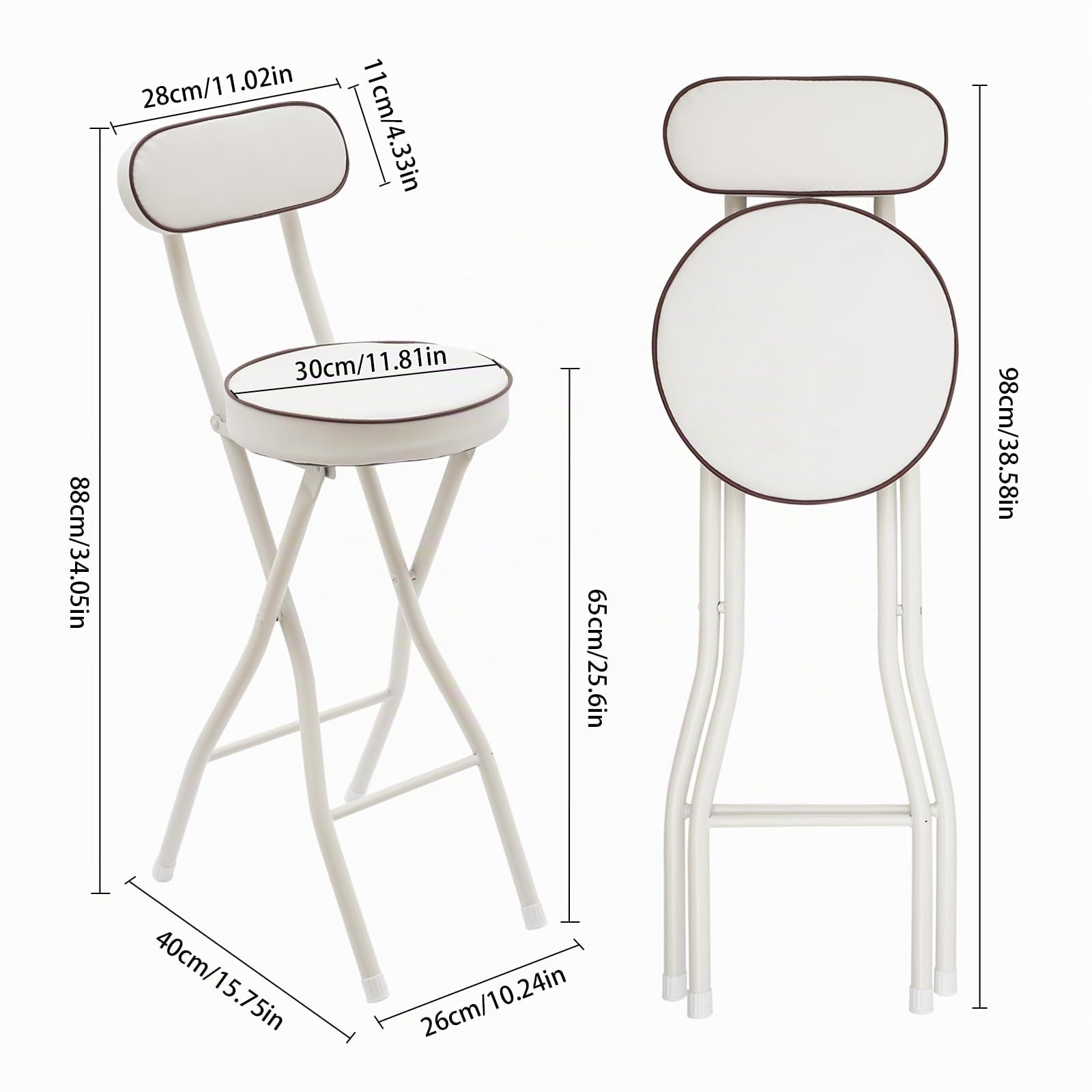 Lot de 2 tabourets de bar pliables avec dossier - Portable - Pour l'extérieur - Chaise haute rembourrée - Tabouret pliable - Blanc