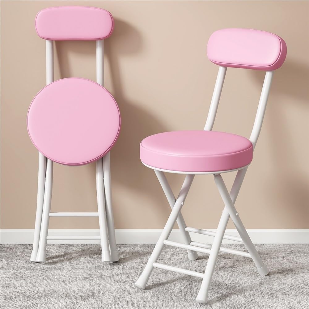 Taburete Plegable con Respaldo y Reposapiés, 150kg，Silla Portátil Ultraligera para Camping, Playa y Jardín – Taburete Bar Redondo Acolchado Cuero, Cocina, Desayuno,(Pink)