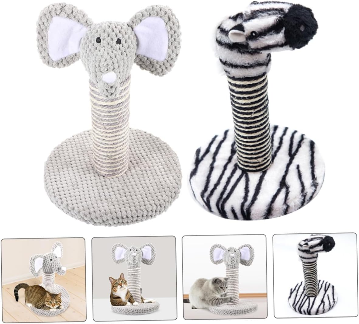 2pcs Cat Scratching Post Set with Sisal Rope and Vertical Climbing Frame, Small Indoor Kitten Scratchers with Elephant and Zebra Design for Cat Enrichment and Claw Maintenance