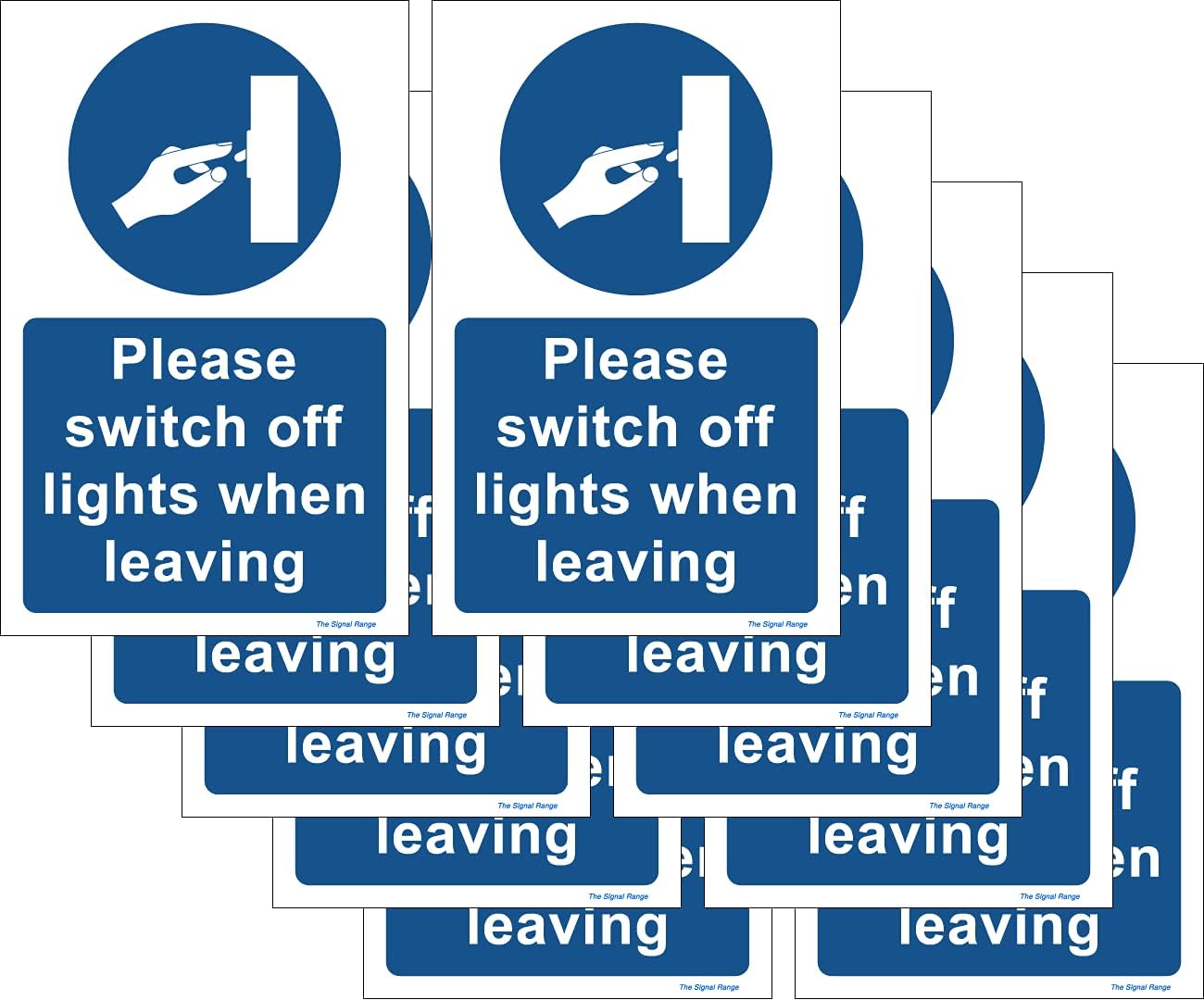 The Signal Range Pack of 10 self adhesive safety signs 90mm x 140mm - Please switch off lights when leaving