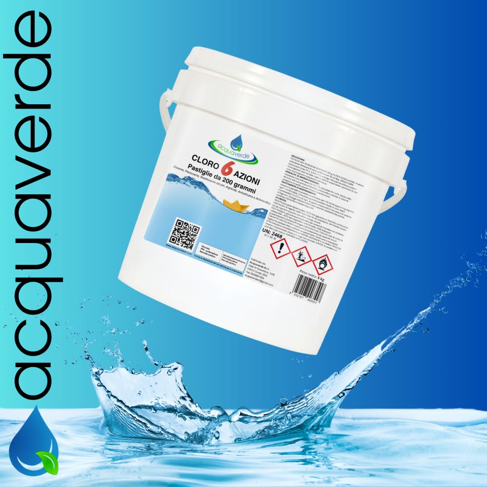 acquaverde | Cloro 6 AZIONI in Pastiglie da 200 grammi, 5 kg di NUOVO Multiazione per Piscina, Trattamento acqua: Clorazione, Alghicida, Flocculante, Stabilizzante del Ph, Antischiuma, Antimicotico