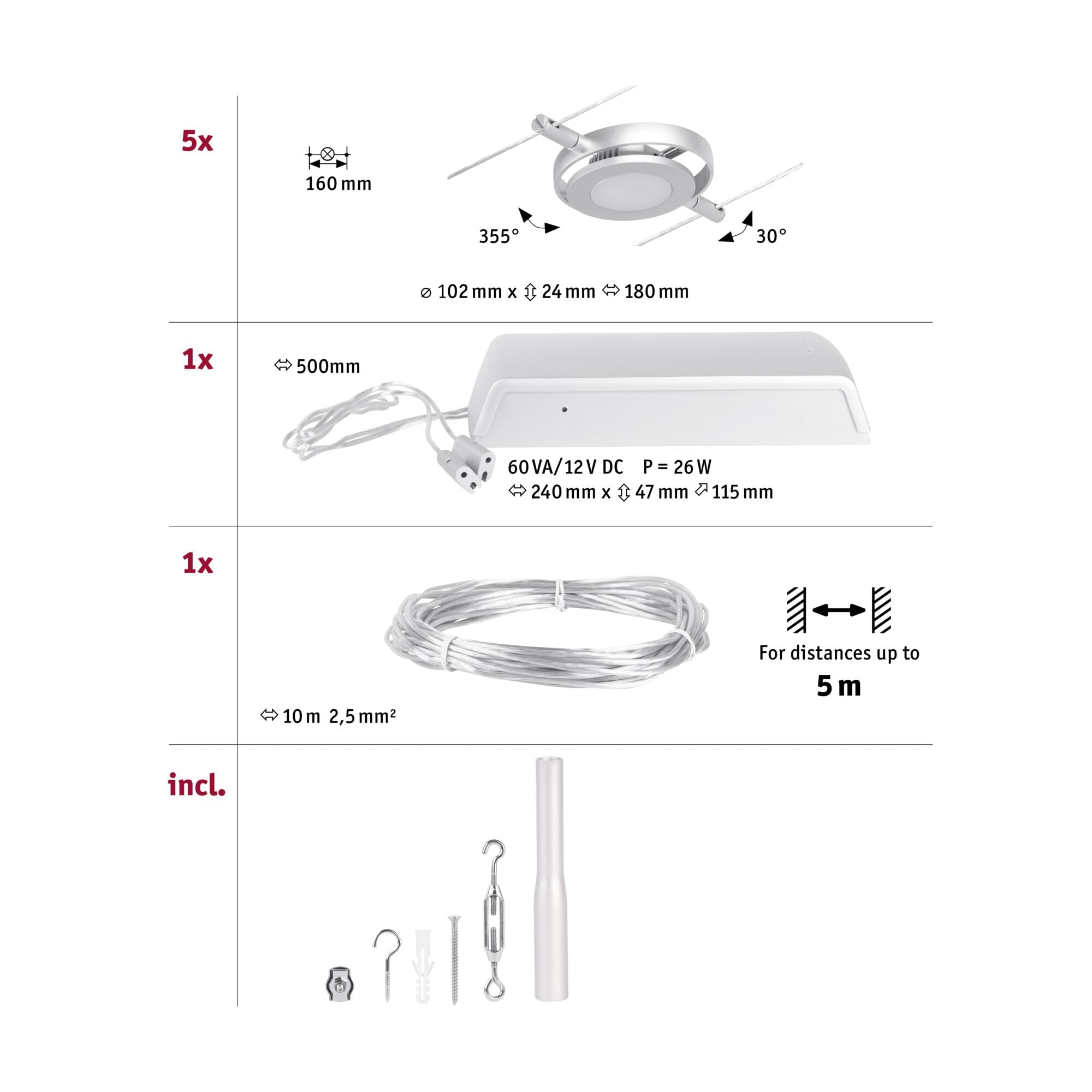 Paulmann Round Mac 94414 Set di Cavi LED RoundMac DC con 5 x 4,5 Watt espandibile, Cavo Metallico 3000 K, Cromo Opaco, Cromato